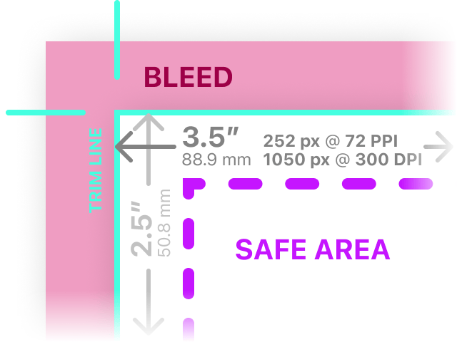 Print settings such as bleed, safe area, and pixel conversions in Dimensional Designer.